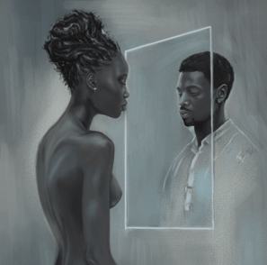 Digital painting of a woman standing in front of a mirror