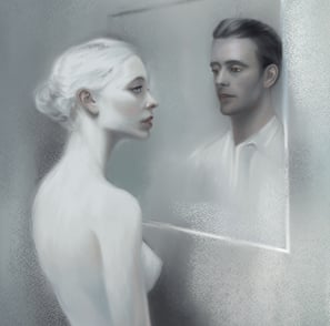 Digital painting of a woman looking in a mirror
