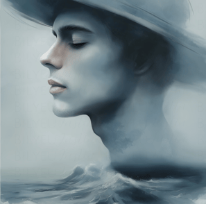 man in hat over ocean waves