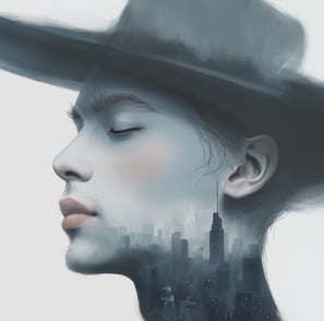 man in hat and cityscape