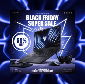 a laptop computer with a black friday super sale advertment