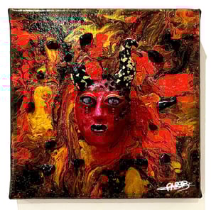 a painting of a woman's face with a red mask