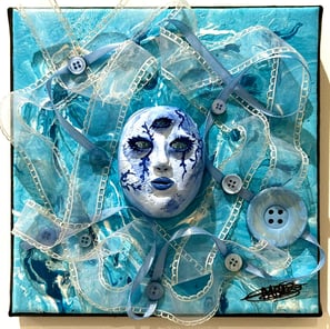 a painting of a face with a blue face and tissus