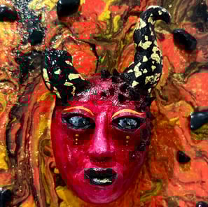 a painting of a woman's face with a red mask
