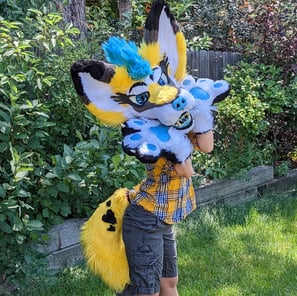 A yellow coyote fursuit featuring a full jaw set of silicone teeth and big ears as well as glow in the dark parts From Teto