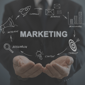 a man in a suit holding a sign that says marketing