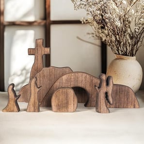 NEROSUN Wooden Easter Resurrection Scene – Empty Tomb and Cross Christian Decor, 7-Piece Set
