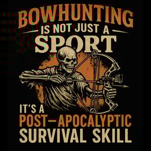 Skeleton drawing a compound bow with the phrase “Bowhunting is not just a sport, it’s a post-apocaly