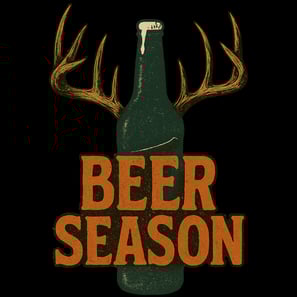 Vintage "Beer Season" design with dark green beer bottle, realistic antlers, and distressed retro te
