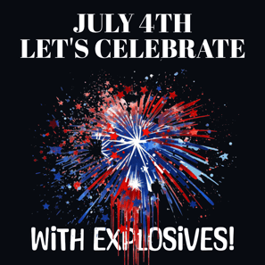 Silhouettes with sparklers and fireworks text: 'Let's Celebrate with Explosives!'