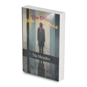 Book cover of "The Other Side of Silence" by Nia Mendez features a figure in a coat and red scarf against a muted background.