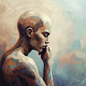 una persona pensando con la mano en el mentón pintura al óleo color celeste ocre