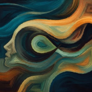 una pintura al óleo de un rostro de una persona con diseño de olas color azul ocre