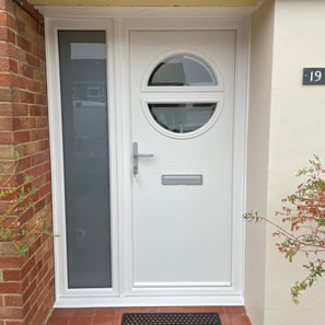 secure front door white Frame and side panel with modern glass