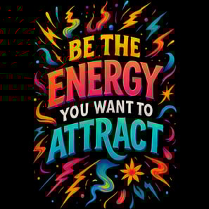 Colorful text reading Be the Energy You Want to Attract with lightning bolts and stars in rainbow to