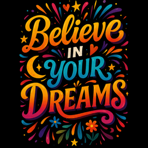 Bold, colorful “Believe in Your Dreams” text with stars, hearts, and flourishes