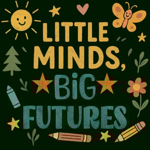 Retro teacher shirt with "Little Minds, Big Futures" and colorful kid-style doodles