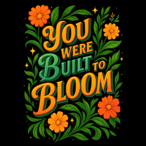 Floral graphic with “You Were Built to Bloom” in colorful 3D lettering and bright leafy accents