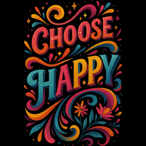 Bright rainbow hand-lettered text Choose Happy with flourishes, stars, and flowers