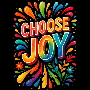 Colorful "Choose Joy" text with rainbow splashes and floral accents on black.