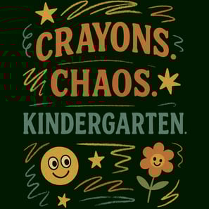 Funny retro teacher shirt with “Crayons. Chaos. Kindergarten.” and scribble doodles