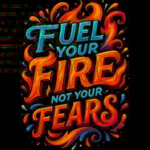 Fiery typography saying Fuel Your Fire Not Your Fears in bold red, orange, and teal lettering