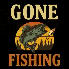 Retro-style fishing shirt with leaping bass, trees, and sunset behind bold text that reads “Gone Fis