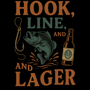 Funny fishing shirt with leaping bass, beer mug, and text “Hook, Line, & Lager” in bold vintage-styl