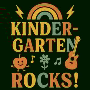 Kindergarten Rocks! retro teacher shirt with rainbow, apple, and guitar