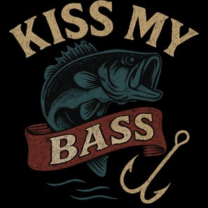 Vintage "Kiss My Bass" fishing design with largemouth bass, retro banner, and distressed textures.