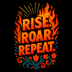 Bold flame design with “Rise. Roar. Repeat.” text and stylized floral accents on black background