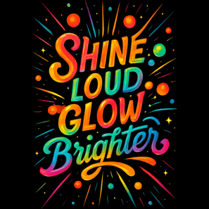 Bright rainbow gradient text saying Shine Loud Glow Brighter with colorful bursts and stars