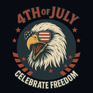 Roaring eagle in USA flag glasses with “Celebrate Freedom” and 4th of July text