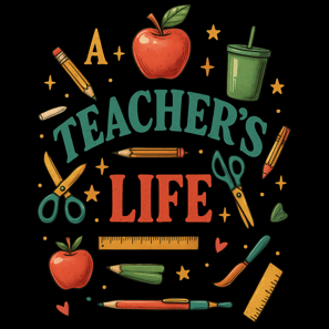 A Teacher’s Life t-shirt with retro school supplies