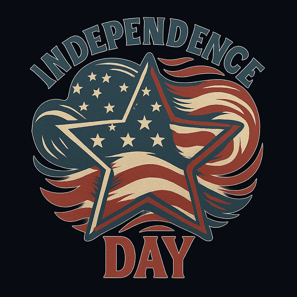 Distressed star filled with red, white, and blue flag burst and “Independence Day” text
