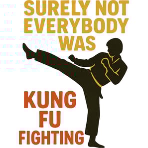 Silhouette kick with retro text: Surely Not Everybody Was Kung Fu Fighting