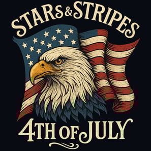 Vintage eagle wrapped in American flag with 'Stars & Stripes 4th of July' text
