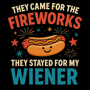 Smiling hot dog with fireworks and bold red and blue text on a patriotic 4th of July design