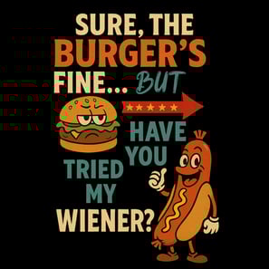 Retro hot dog and burger cartoon with bold 4th of July text and fireworks humor