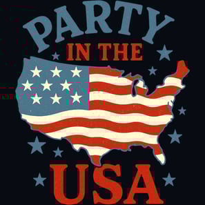Vintage USA map in flag colors with bold “Party in the USA” text and scattered stars