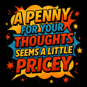 Comic shirt that says “A Penny for Your Thoughts Seems a Little Pricey”