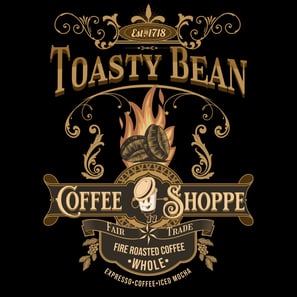 Vintage coffee shop logo with fire-roasted beans and ornate gold flourishes.