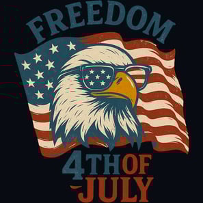 Bald eagle in flag sunglasses with “Freedom 4th of July” and waving U.S. flag