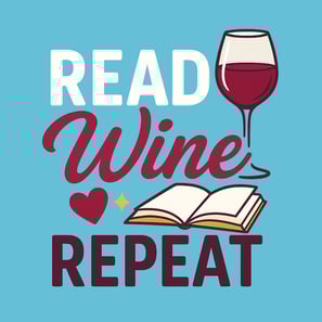 Neon text design with wine glass, heart, open book, and phrase "Read Wine Repeat"