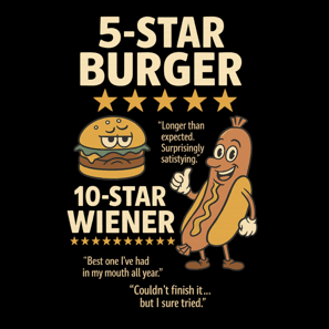 Cartoon burger and hot dog with 5-star reviews in retro 4th of July design