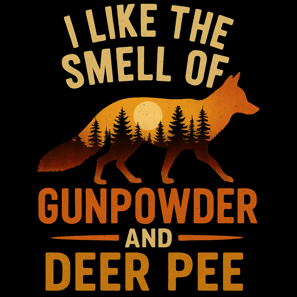Funny hunting shirt with a fox silhouette, forest scene, and text: “I Like the Smell of Gunpowder an