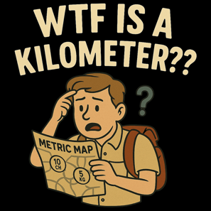 Confused cartoon man with a metric map under bold text that says “WTF Is a Kilometer??”