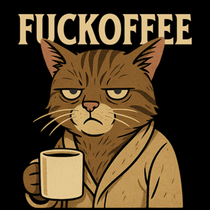 Moody cat in robe holding coffee mug with “FUCKOFEE” text above