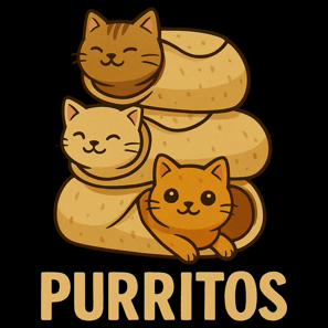 Three cute cats wrapped in burritos with the word “Purritos” underneath.