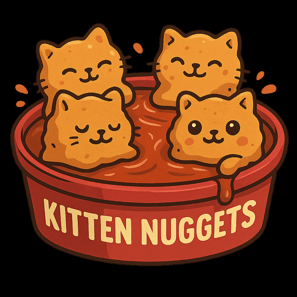 Four cute kitten nuggets in a red dipping bowl with smiling faces